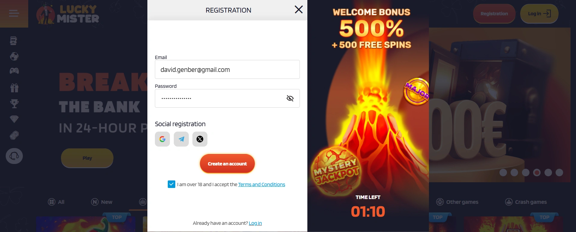 Lucky Mister registration form